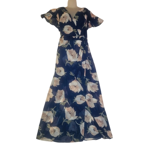 always indigo Dresses & Skirts - Always Indigo Faux Wrap Flowy Floral Maxi Dress 2X NWT 24 PTP Navy Pink Floral